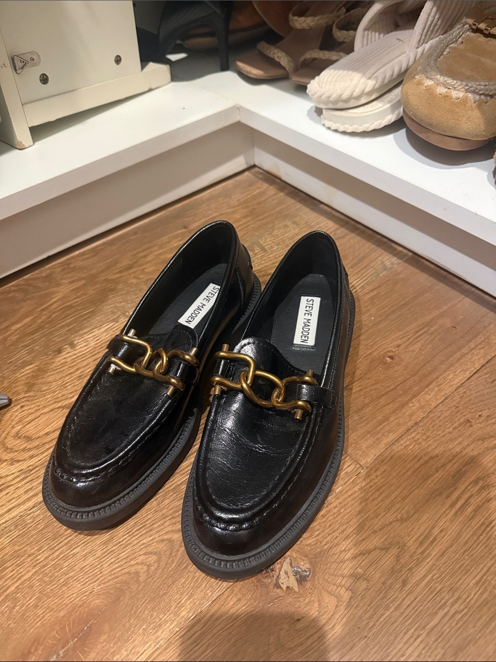 Steve Madden Black Leather Loafers with Gold Chain Accent